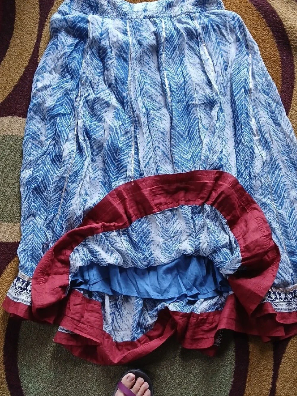 Soft Surroundings Blue Printed A-Line Maxi Skirt with Tassel Detail